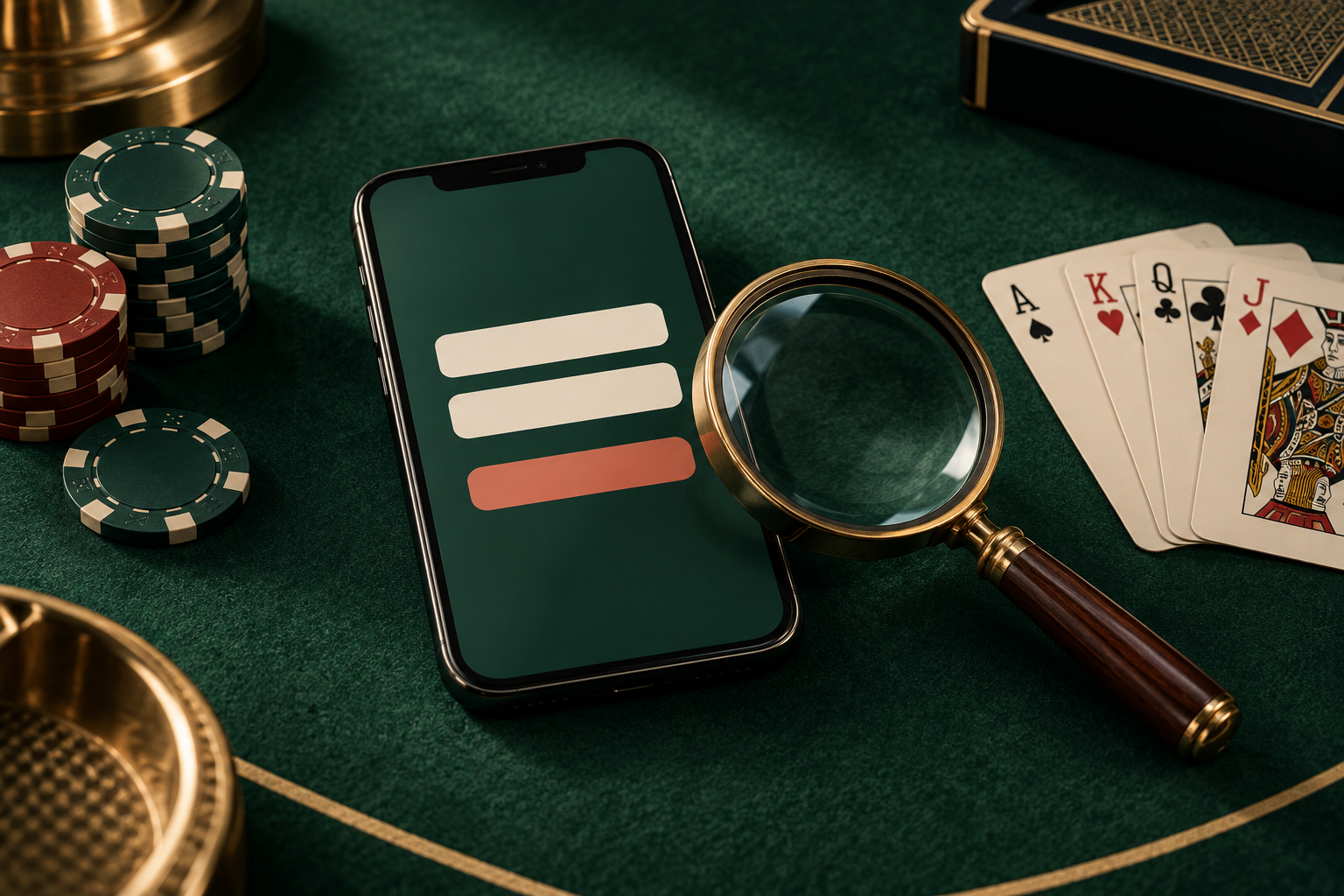 Ilustrasi layar masuk netral dengan kartu casino, keping dan kaca pembesar.