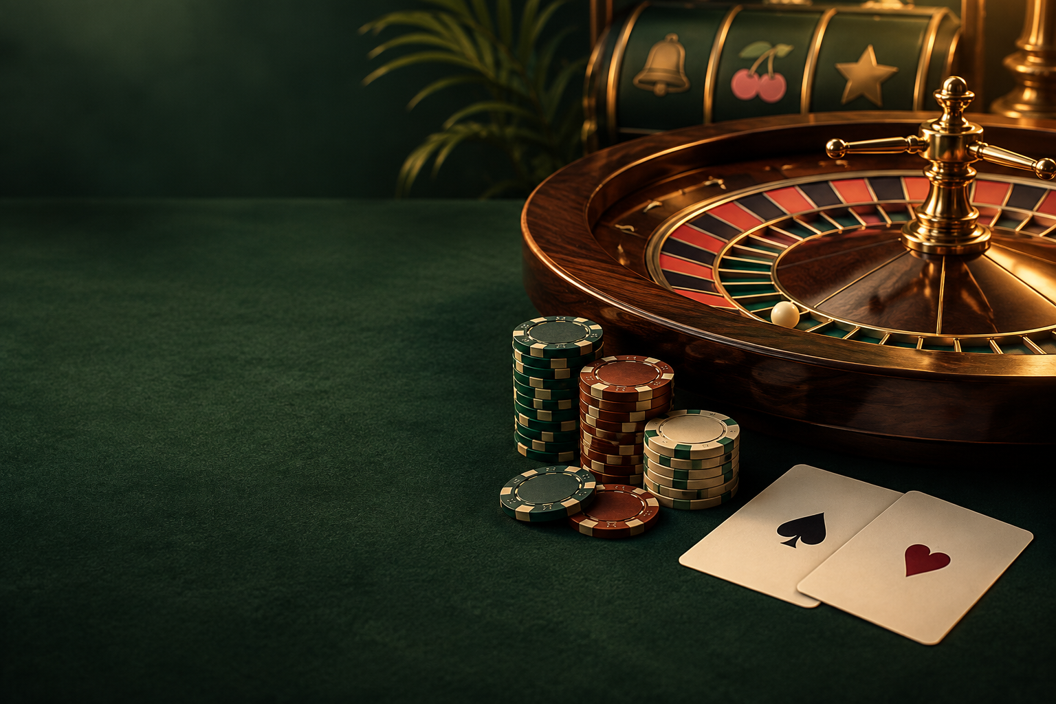 Ilustrasi roda roulette, kartu dan keping casino dalam cahaya tembaga.