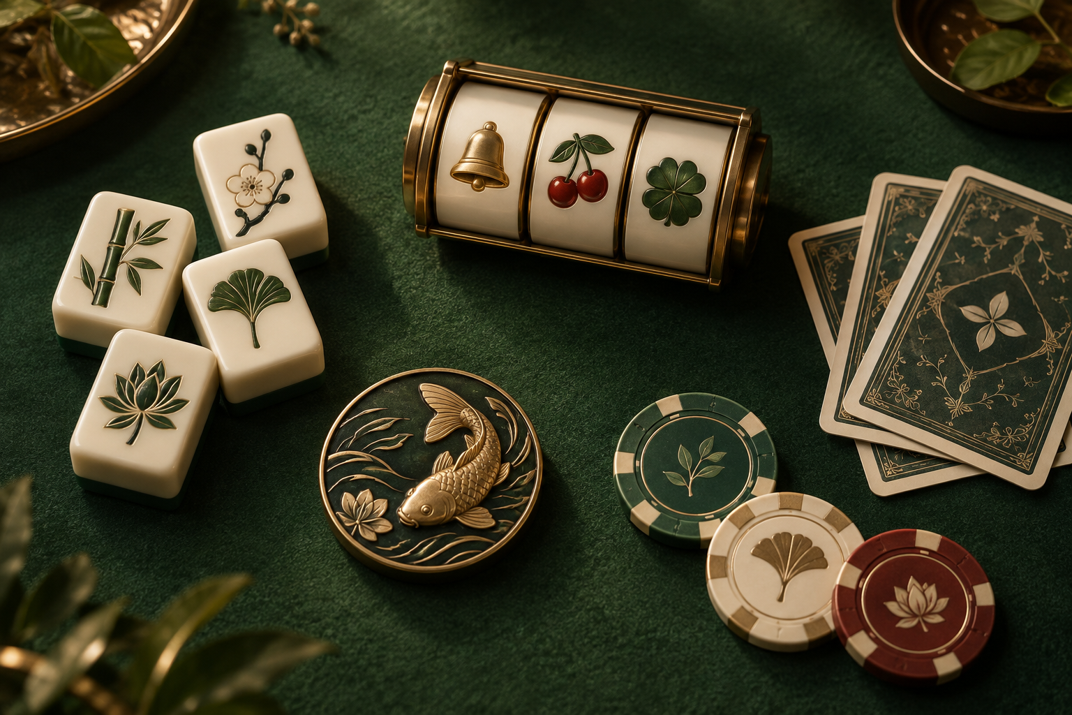 Ilustrasi perlengkapan casino: kartu, keping, ubin dan gulungan slot di atas meja hijau.