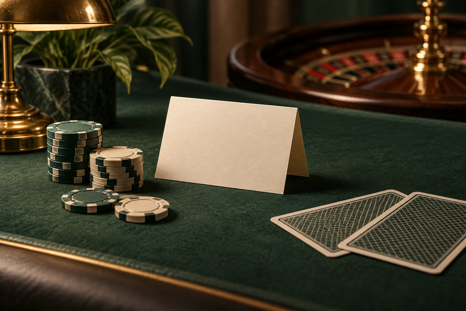 Ilustrasi kartu, keping casino dan dokumen ketentuan di meja.